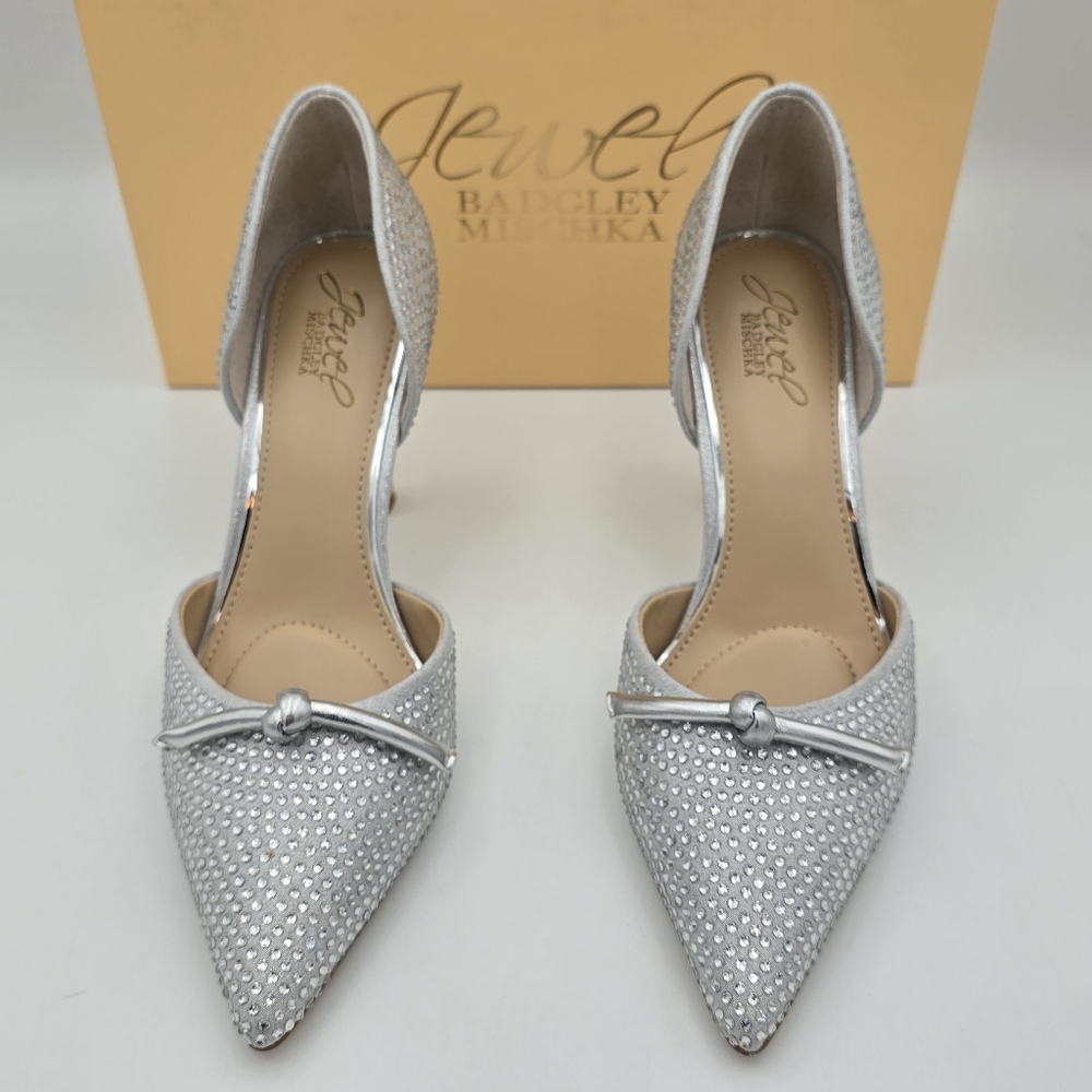 NIB Jewel Badgley Terresa D'Orsay Stiletto Pumps, Silver Textile, Women's Size 7 - Picture 4 of 16